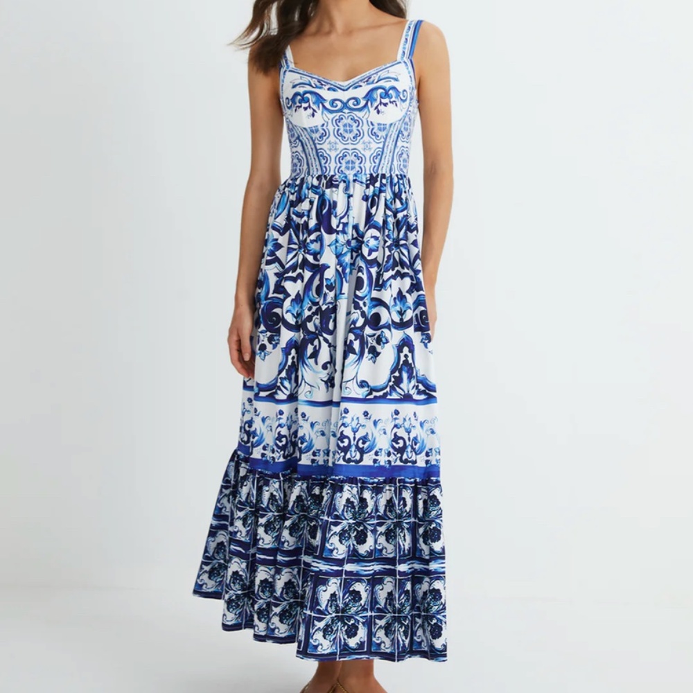 Commense Blue and White Printed Maxi Dress